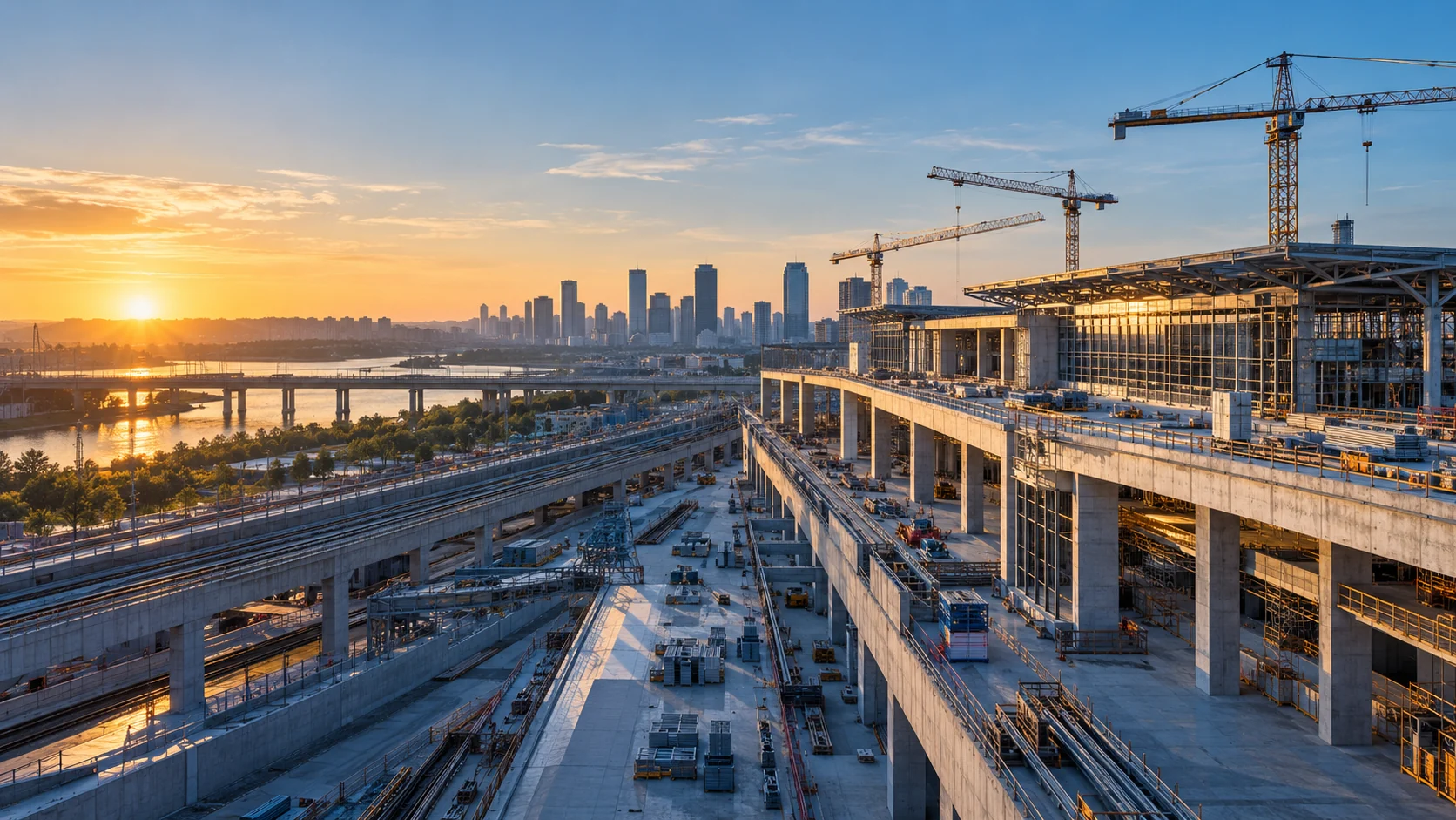 Major infrastructure project under construction at sunrise